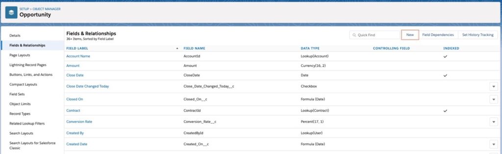 Fields & Relationships menu
