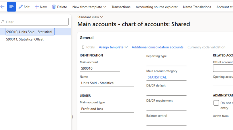 main accounts - chart of accounts with units sold, statistical