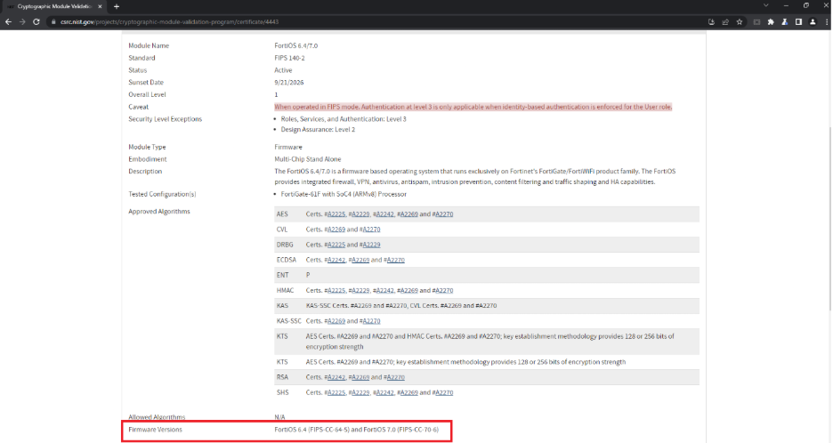 FortiOS firmware versions that are FIPS certified for CMMC compliance