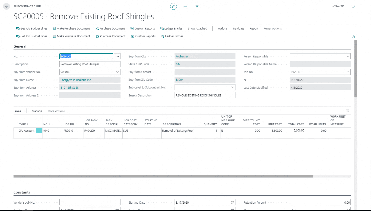 SUBCONTRACT CARD FOR CONSTRUCTION