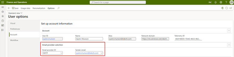 account options for workflow email notifications